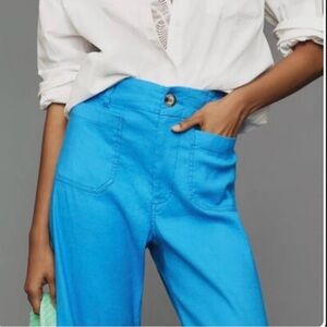Anthropologie Collette crop flair bright turquoise blue sz 27. Linen hi rise